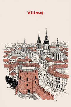 Vilnius, Lithuania Pen Line Art Illustration of City Landmark and Travel Scene