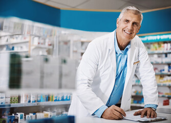 Smile, man and pharmacist with clipboard at clinic for notes, information and prescription. Happy,...