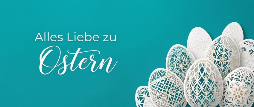 Ornate white Easter eggs with intricate cutouts and Alles Liebe zu Ostern text on teal background, festive holiday greeting card design, elegant celebration concept