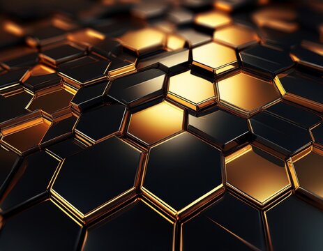 modern futuristic background featuring a golden hexagon grid on a dark surface combining luxury black and gold tones with abstract geometric patterns for high tech and elegant visuals