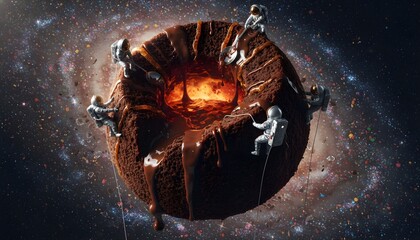 Gigantic chocolate fondant cake floating in deep space with astronauts mining lava center, sprinkles forming a vibrant galaxy nebula, surreal silliness concept.