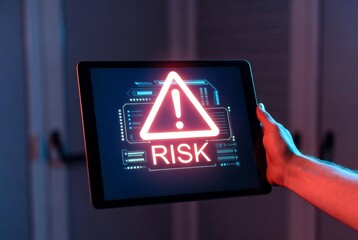 A tablet displays a risk warning sign, held by a hand in a dimly lit room.