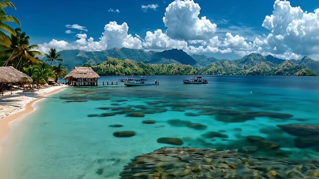 Beautiful Tropical Beach Scene with Clear Blue Water and Scenic Mountains in the Background