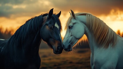 Obraz premium Two horses gently touching their noses, surrounded by a serene sunset landscape