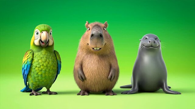 Cartoon animals parrot capybara sea lion smiling on green background