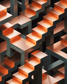 Isometric optical illusion maze of abstract copper and dark stairs
