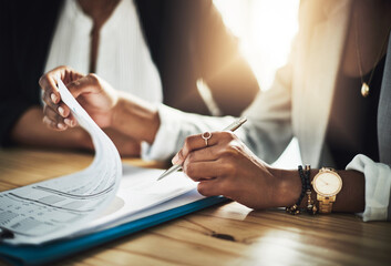 Hands, sign and people with document, office and approval for home loan and process for...