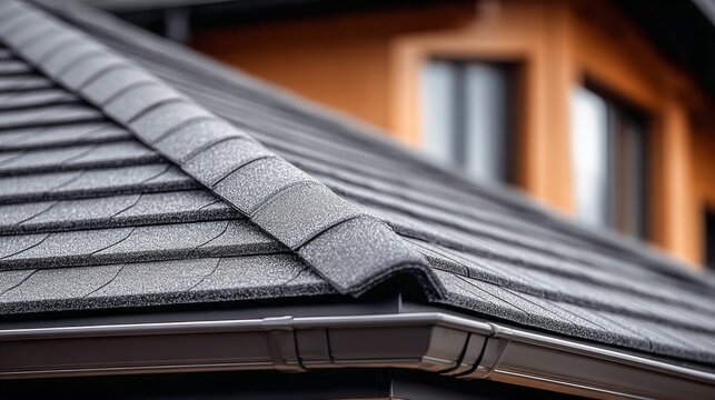 Close-up view of a modern asphalt shingle roof with a dark gray color and seamless gutters