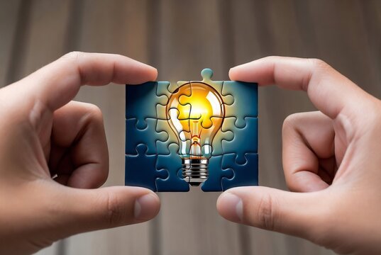 Hands are holding a jigsaw puzzle with an illuminated lightbulb in the center, symbolizing creative problem-solving.