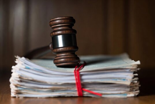 A gavel rests on a stack of legal documents. Legal proceedings are taking place in a courtroom setting.