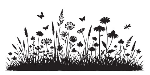 Wild Prairie Flower Landscape Silhouette, Silhouette Vector, Isolated on White Background