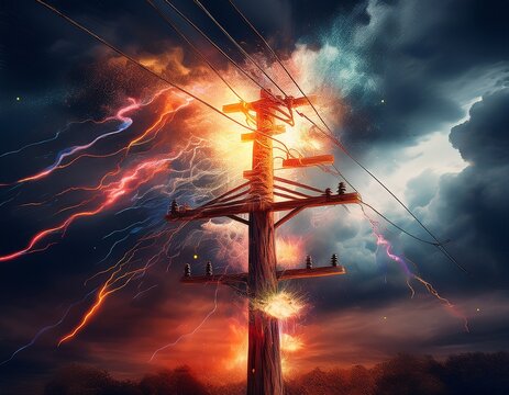 a wooden power pole with electrical wires sparking and exploding with a stormy sky in the background