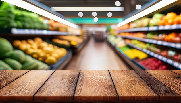a wooden table top with a blurred supermarket aisle in the background with various fruits and vegetables on display
