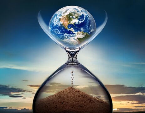 earth shaping hourglass showing climate change time running out