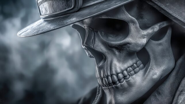 Close-up of a skeletal figure wearing a fedora hat in a smoky, atmospheric setting