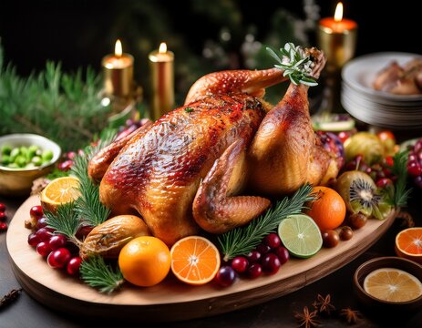 roasted poultry centerpiece surrounded by fruit and greenery