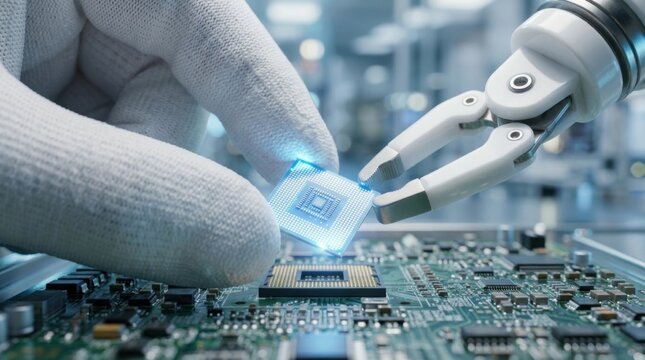 Human and Robot Arm Assembling Microchip in High Tech Cleanroom