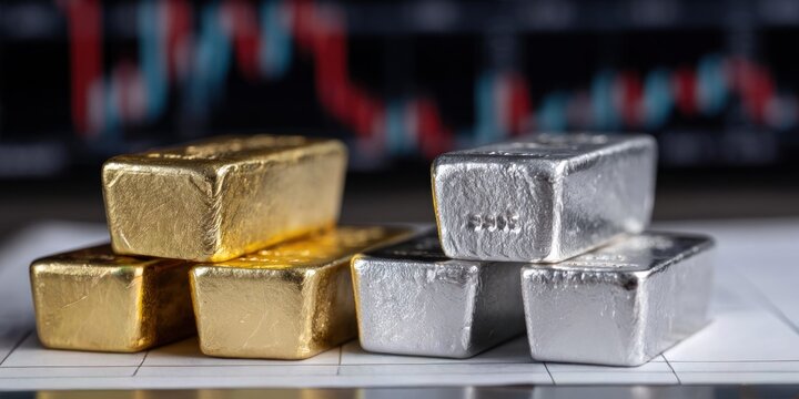 Gold and silver bars stacked on a table with a stock market chart in the background
