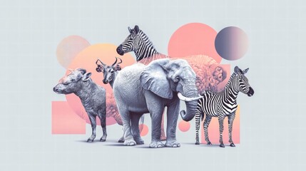 Fototapeta premium An artistic illustration showcasing African animals in a vibrant, abstract composition with geometric shapes.
