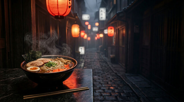 Steaming Bowl of Delicious Ramen Noodles on a Rustic Table with Japanese Street Lanterns in the Background