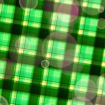 Abstract Green Plaid Pattern with Floating Bubbles and Bokeh Effect