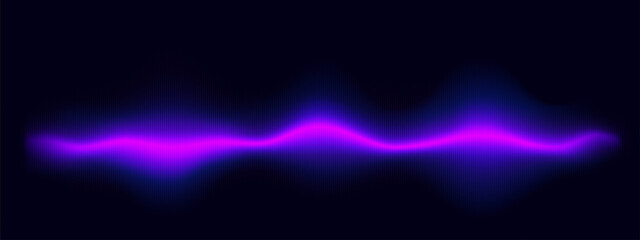Neon blue pink sound wave design isolated on black background. Vector realistic illustration of vertical bars glowing in curvy equalizer line, digital audio system interface element, voice soundwave © klyaksun