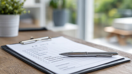 Obraz premium Checklist on clipboard with pen, ready for tasks and planning on a wooden desk