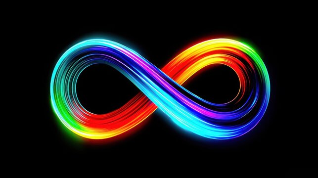 Vibrant infinity symbol made of colorful light streaks on a black background