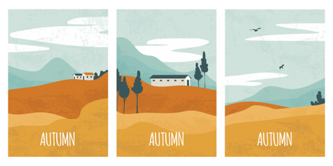 Naklejka premium Autumn landscape with golden fields and rolling hills under blue sky with white clouds and flying birds. Fall countryside scene with harvested wheat meadows, distant mountains and farm home buildings