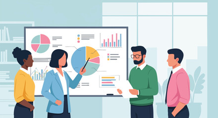 Team analyzing data with pie chart and graphs.