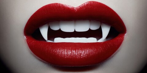 Obraz premium Close up of red lips with sharp white vampire fangs showing