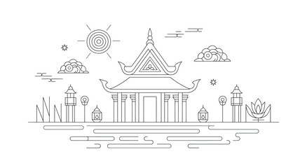 Obraz premium A serene temple surrounded by nature and decorative elements in a peaceful setting