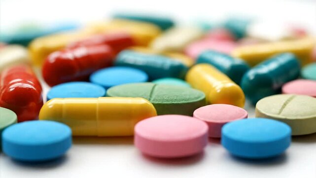 Close up of multicolored pills and capsules scattered on a white surface
