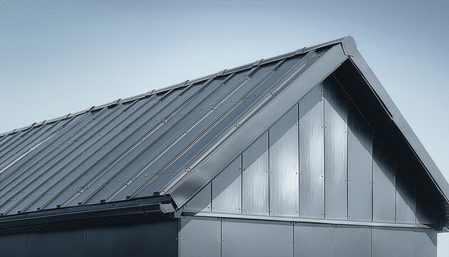 Modern gable roof structure with metal panels and strong diagonal lines under clear sky