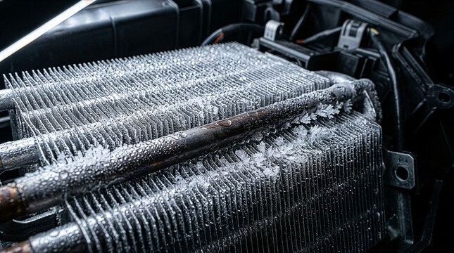 Automotive air conditioning evaporator coil covered with tiny water droplets and frost