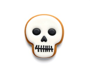 Fototapeta premium Skull cookie with white icing and black features on a stark white background