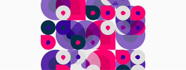Fototapeta premium Abstract circles overlap, creating vibrant patterns. Purple, pink, white, blue hues dominate composition. Modern design element.