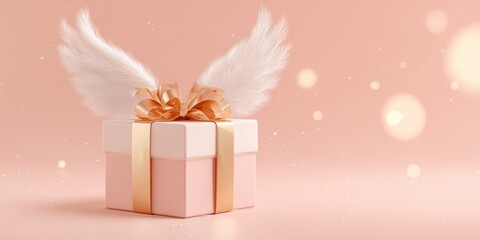 Naklejka premium Elegant pastel gift box with delicate white wings and golden ribbon, soft bokeh background