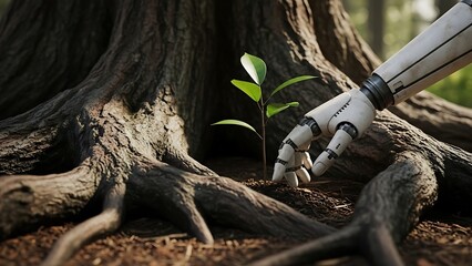 Obraz premium Robot Hand Touching Tree Roots.