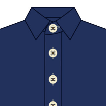Close up of navy blue school uniform shirt with beige buttons and collar isolated on white background, concept of education dress code and discipline