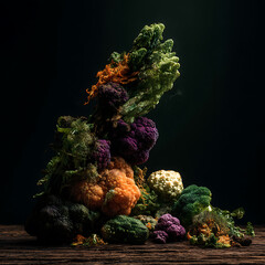 Fototapeta premium Various decaying vegetables were arranged in lively piles on dark wood
