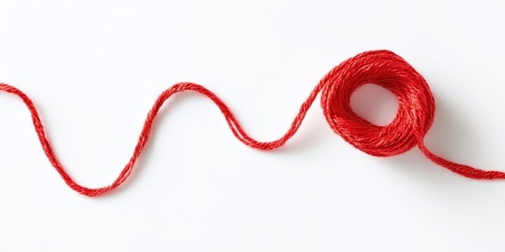 A single strand of vibrant red yarn forms a wavy line on a clean white background
