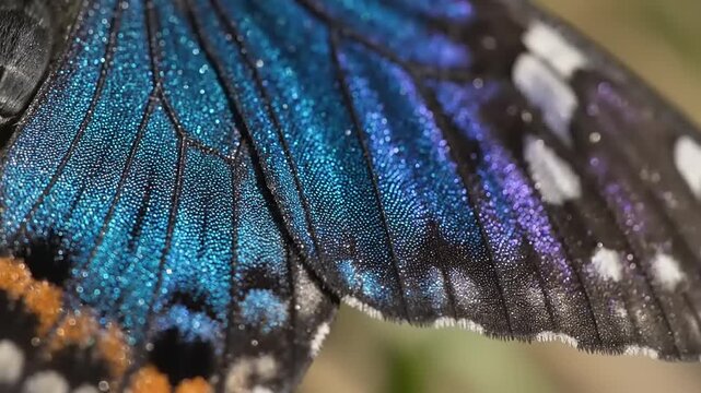 Close up of a butterfly wing revealing iridescent blue and purple patterns