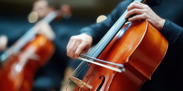 Close-up of a cellist's hands playing the cello in an orchestra performance