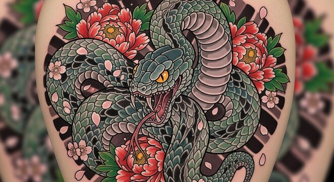 Japanese Tattoo Design: Serpent with Peonies and Cherry Blossoms