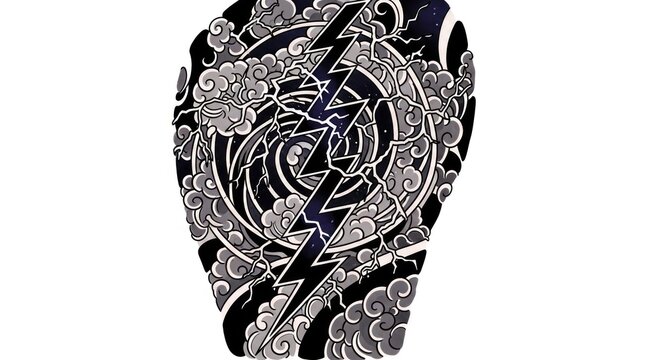 Japanese Wave Tattoo Design with Lightning Bolt and Clouds