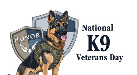 A German Shepherd dog in a tactical vest stands proudly in front of a shield honoring National K9 Veterans Day. © Surya16