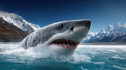 Naklejka premium Great white shark emerges from icy waters with jagged teeth bared in a frozen landscape