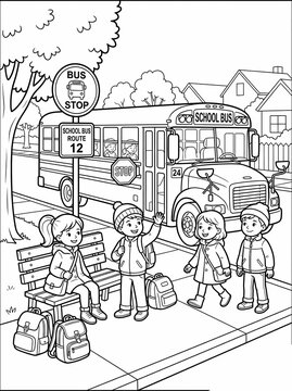 Children with backpacks waiting at a bus stop with a school bus and residential houses line art coloring page
