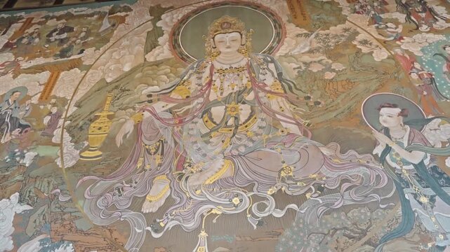 Ancient Buddhist Temple Mural with Celestial Deities and Immortals